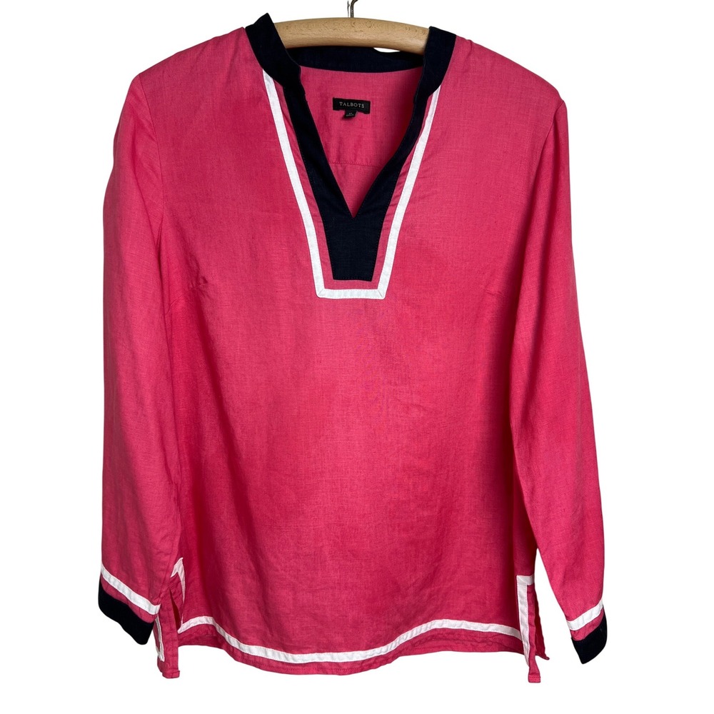 Talbots Tunic Women Sz M Pink Navy White Trim Linen Long Sleeve V-Neck Top PB49